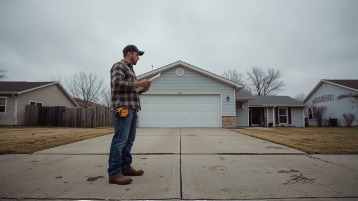 A person with a clipboard and tape measure standing on the driveway of a single-storey house.