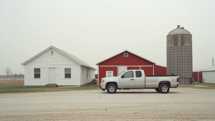 A white farmhouse, a red barn, a grain bin and a pickup truck on a gravel yard.