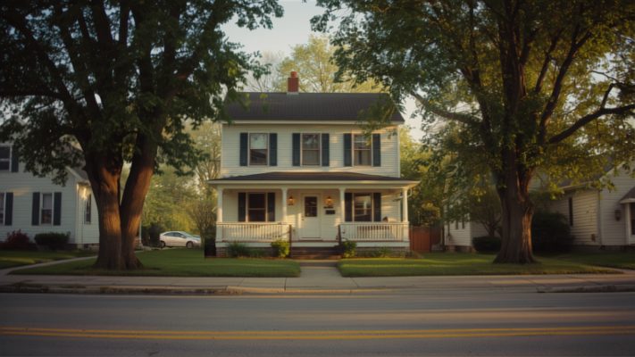 A two-storey white clapboard house with a front porch on a tree-lined residential street.