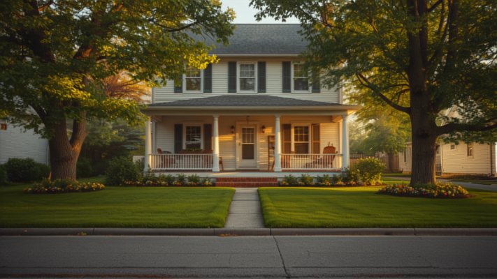 A two-storey home with a covered porch and a mown lawn in the late afternoon.